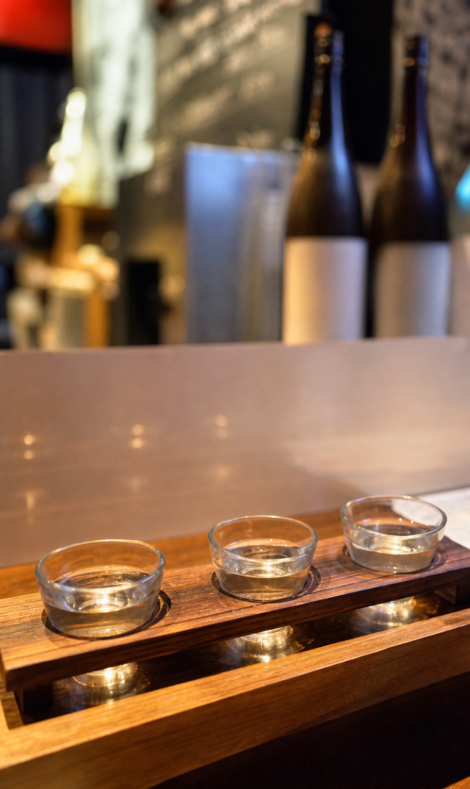 カウンターの木製台に並ぶ三つの酒器